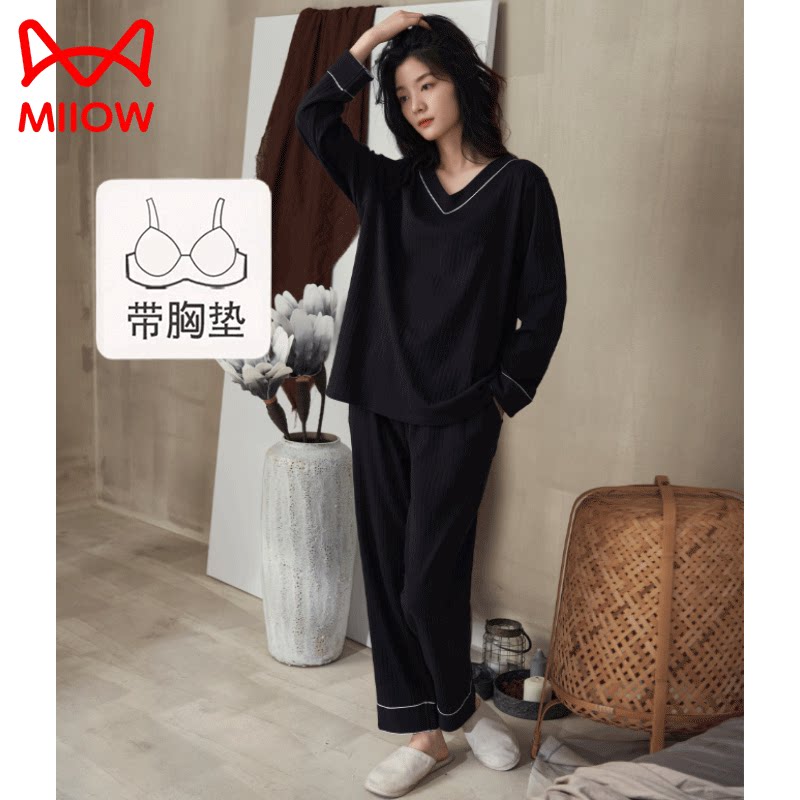 猫人带胸垫睡衣女春秋款纯棉长袖
