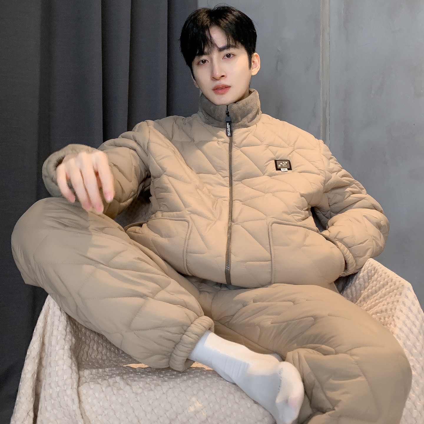 猫人羽绒睡衣男冬季2025新款三层加厚夹棉袄保暖拉链家居服可外穿