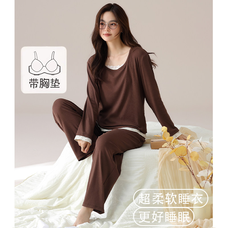 猫人纯棉睡衣女带胸垫春秋款长袖
