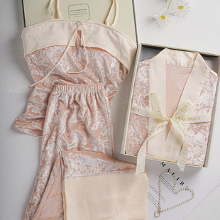 猫人金丝绒睡衣女秋冬季 吊带三件套高级感国风家居服送闺蜜礼盒装
