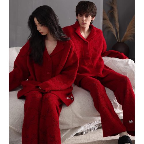 猫人半边绒红色睡衣结婚新婚情侣套装秋冬季加绒男大码宽松家居服