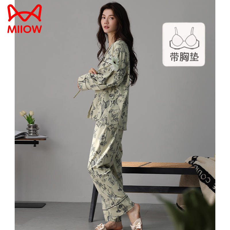 猫人带胸垫睡衣女春秋款纯棉长袖