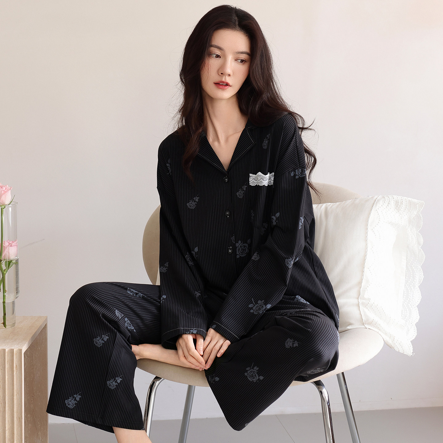 猫人纯棉睡衣女款带胸垫2026新款春秋款长袖宽松大码高级感家居服