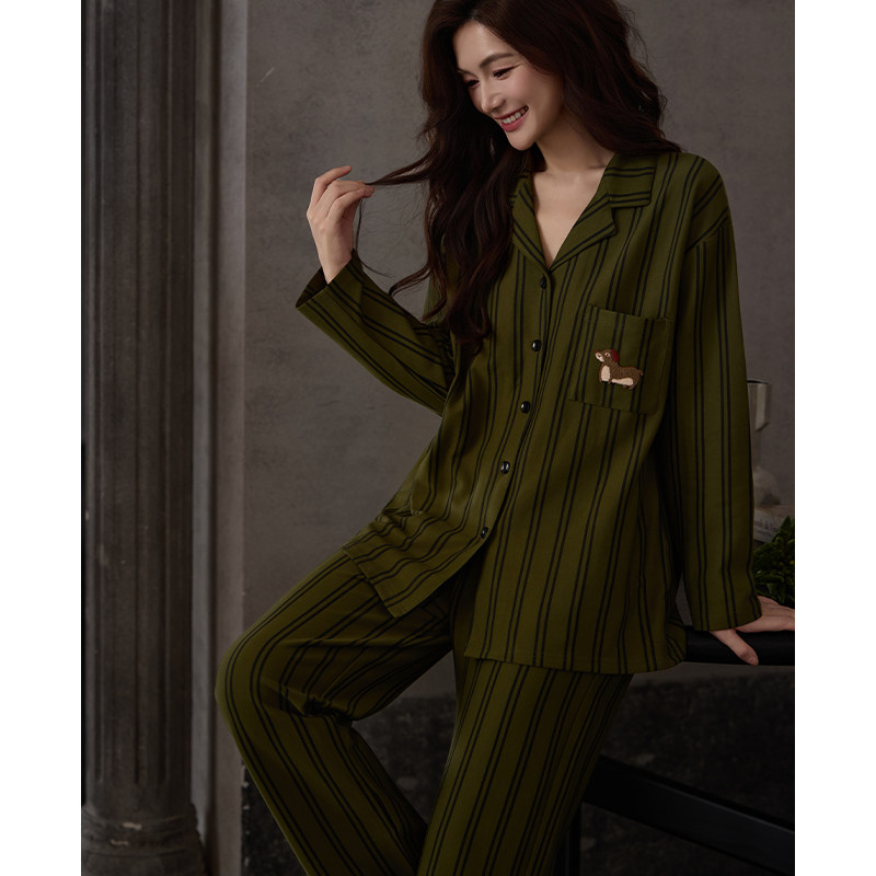 猫人睡衣高级感家居服女款春秋2026新款纯棉长袖长裤带胸垫两件套