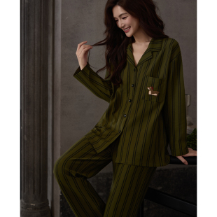 猫人睡衣高级感家居服女款春秋2025新款纯棉长袖长裤带胸垫两件套