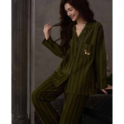 猫人睡衣高级感家居服女款春秋2025新款纯棉长袖长裤带胸垫两件套