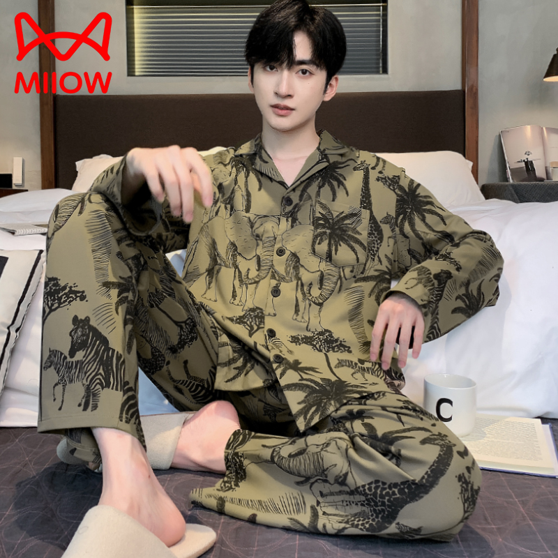 猫人纯棉男士睡衣春秋款长袖2025款青少年宽松大码秋冬家居服套装