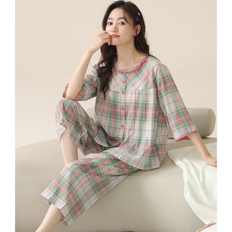 猫人带胸垫睡衣女款夏季梭织纯棉薄款2026新款宽松大码家居服套装