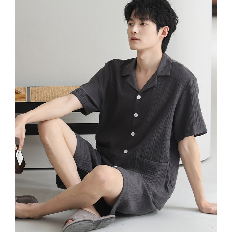 猫人梭织纯棉男士睡衣夏季宽松短袖短裤高级感薄款全棉休闲家居服