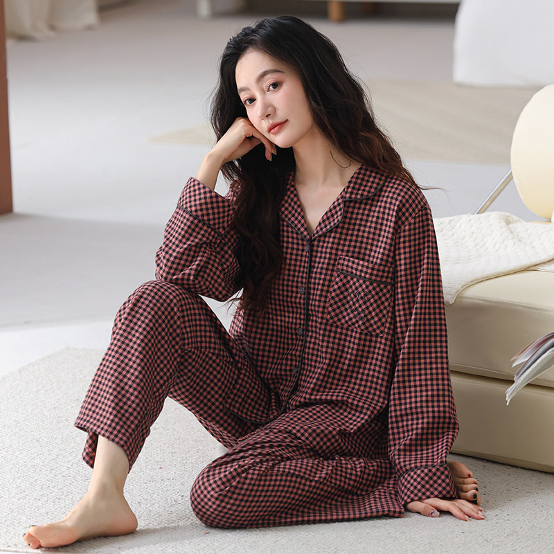 猫人2026新款春秋季梭织纯棉睡衣女款带胸垫长袖开衫两件套家居服