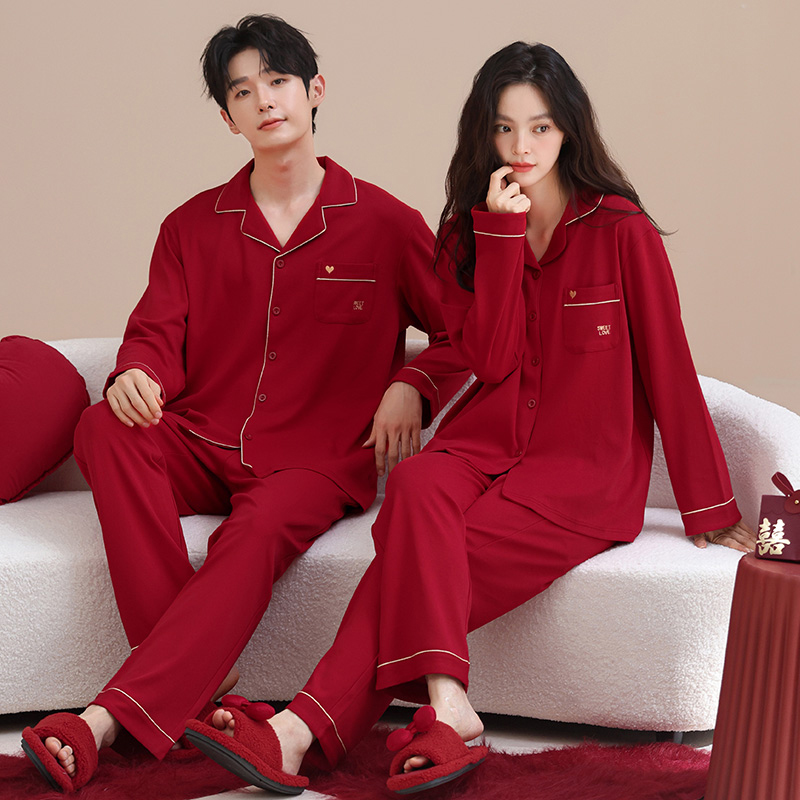 猫人高级感情侣睡衣春秋款红色纯棉长袖结婚新婚家居服套装礼盒装
