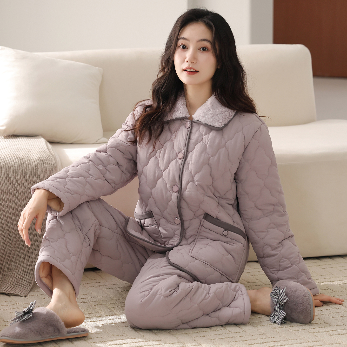 猫人加绒女士睡衣冬季纯棉三层加厚夹棉毛领家居服套装保暖可外穿