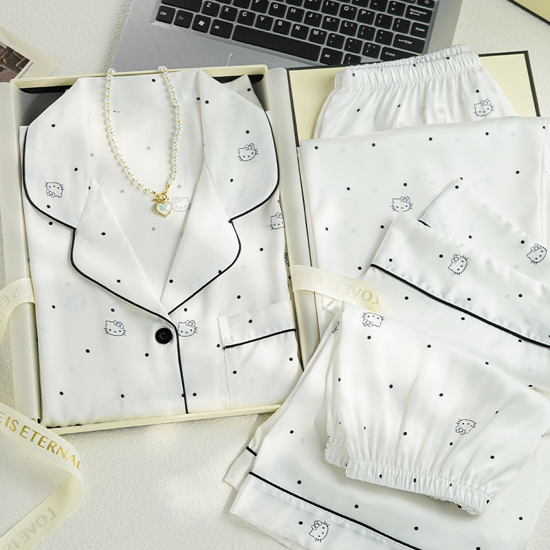 猫人冰丝睡衣女夏季薄款2025新款短袖三件套可爱KT猫送闺蜜礼盒装