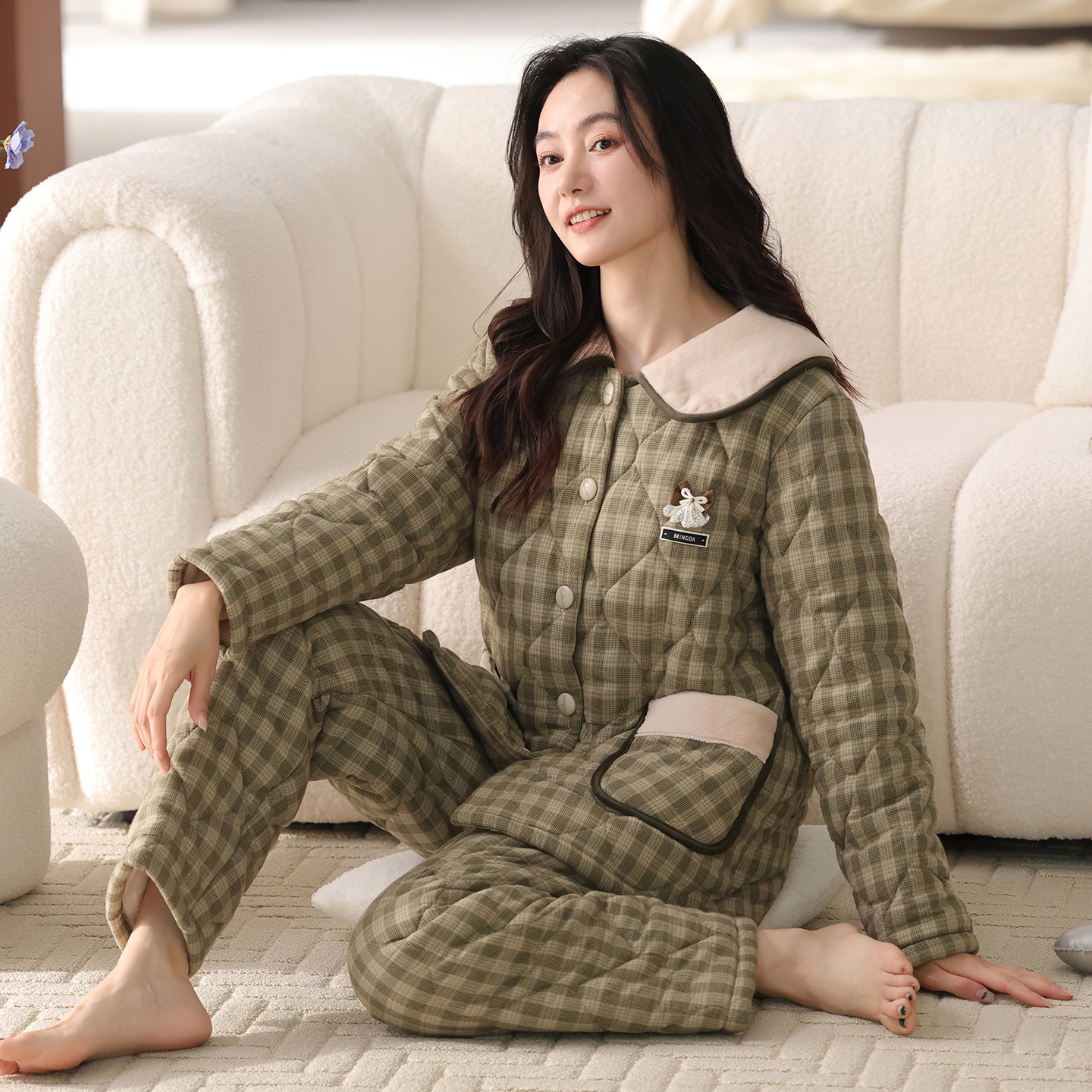 猫人纯棉睡衣女士冬季三层加厚夹棉超厚宽松棉袄大码家居服可外穿