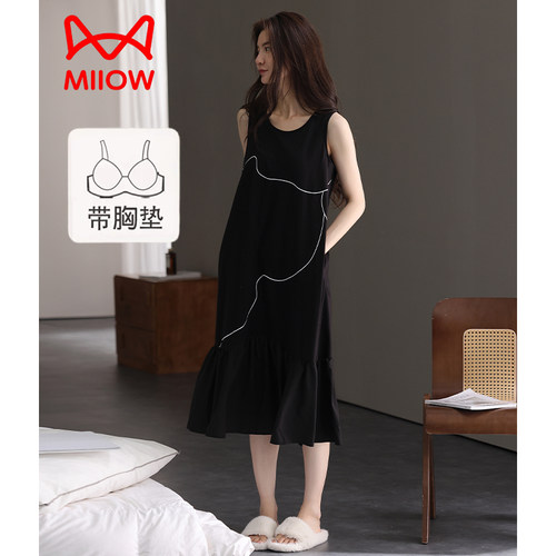 猫人带胸垫睡裙女夏季纯棉无袖