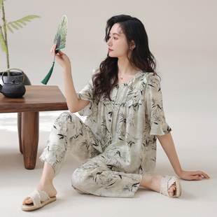 猫人夏季睡衣女天丝棉五分袖长裤套装2025新款带胸垫可外穿家居服