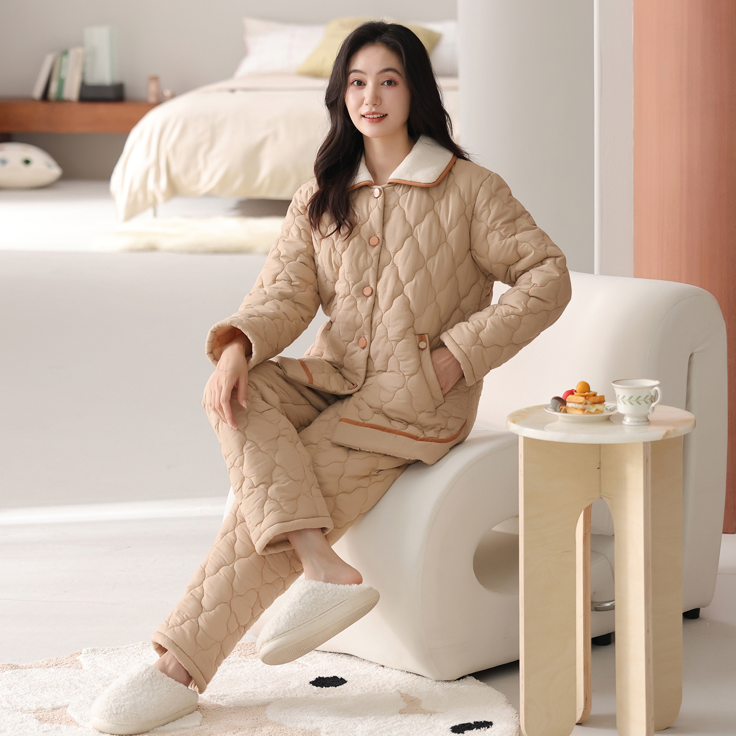 猫人冬季加绒睡衣女款纯棉三层加厚夹棉袄2025新款保暖家居服冬天