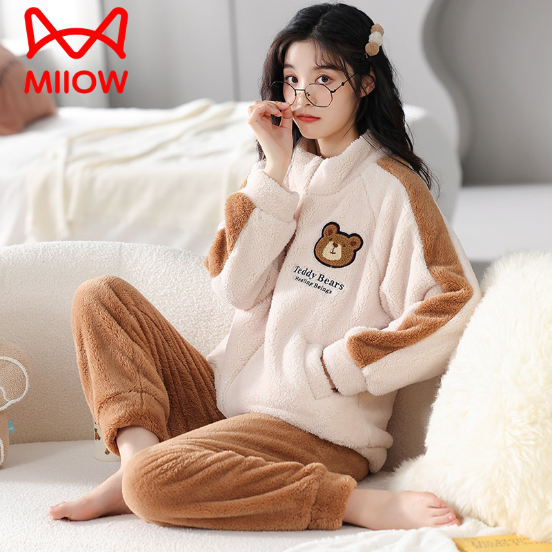 猫人珊瑚绒睡衣女秋冬季加厚