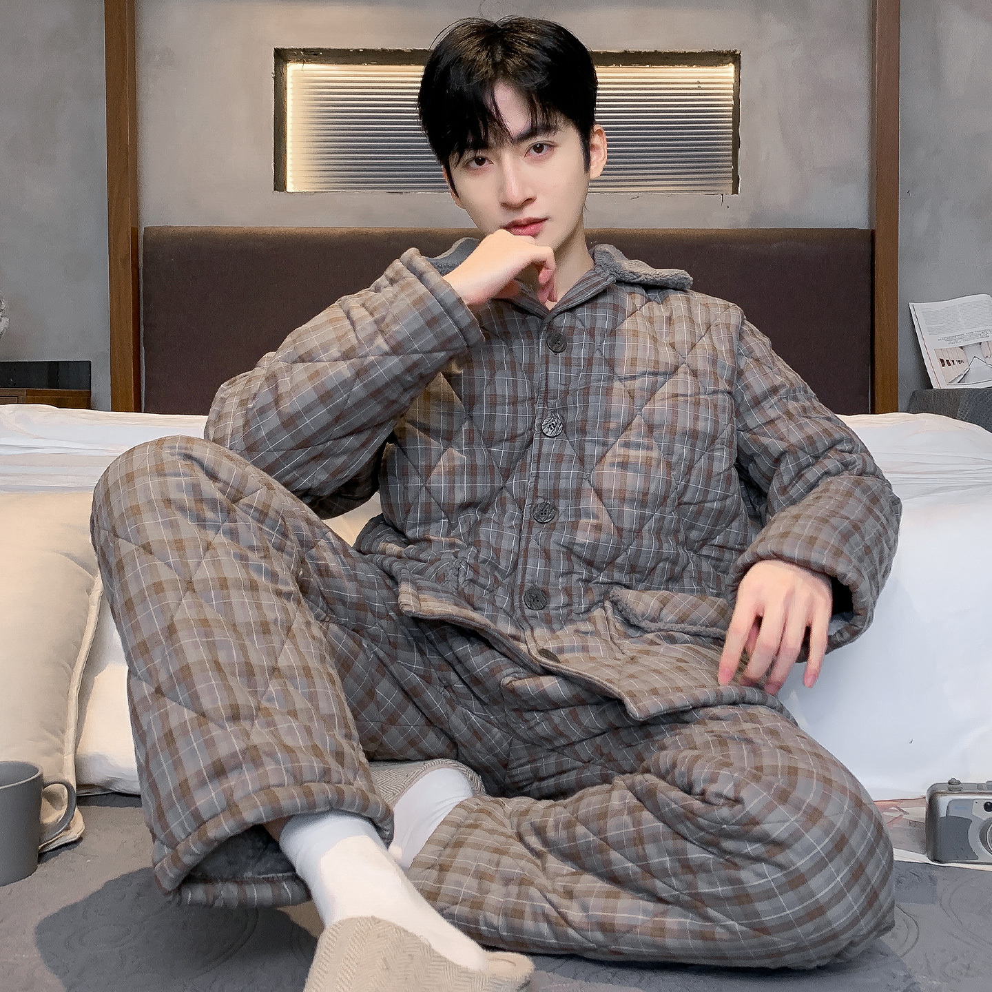 猫人夹棉睡衣男士冬季纯棉三层加厚棉袄2025新款开衫家居服套装