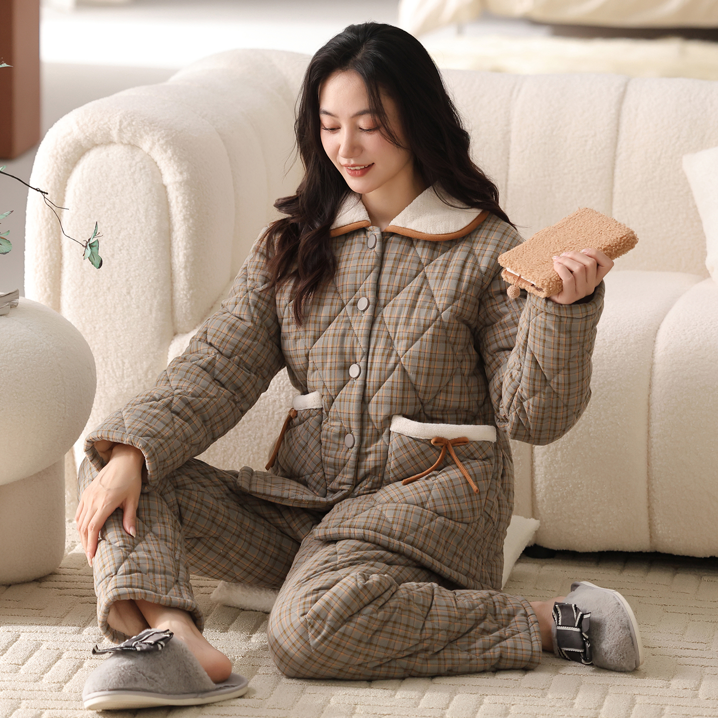 猫人夹棉女士睡衣冬季纯棉三层加厚加绒棉袄可外穿保暖家居服套装