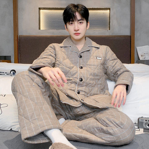 猫人纯棉三层加厚夹棉睡衣男士冬季2025款保暖大码格子家居服套装