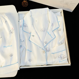 猫人冰丝睡衣女夏季薄款短袖短裤长裤三件套卡通少女送闺蜜礼盒装