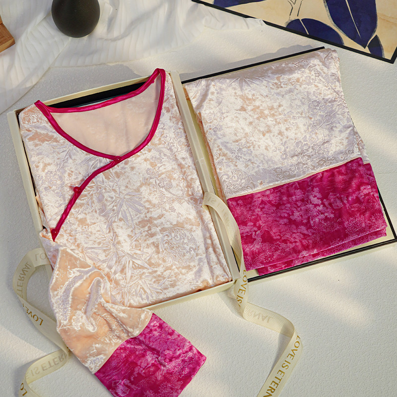 猫人金丝绒睡衣女款秋冬季加绒加厚国风新中式家居服送妈妈礼盒装