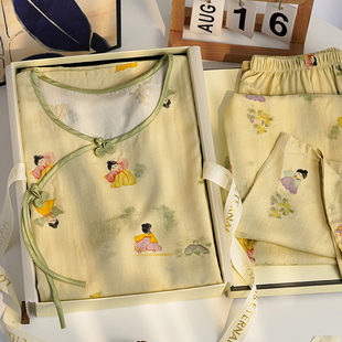 猫人棉绸睡衣女带胸垫夏季2025新款宽松国风新中式送妈妈阿姨礼盒