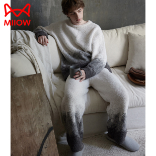 猫人半边绒男士睡衣秋冬季加绒加厚珊瑚绒青少年宽松家居服可外穿