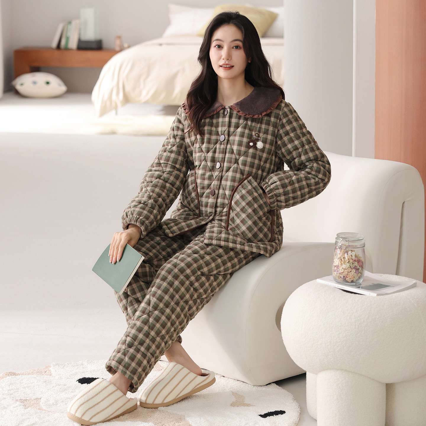 猫人格子睡衣女款2025冬季三层加厚夹棉袄加绒保暖纯棉家居服套装,女士内衣/男士内衣/家居服,睡衣/家居服套装,淘宝优惠券,粉丝福利购,淘宝优惠卷