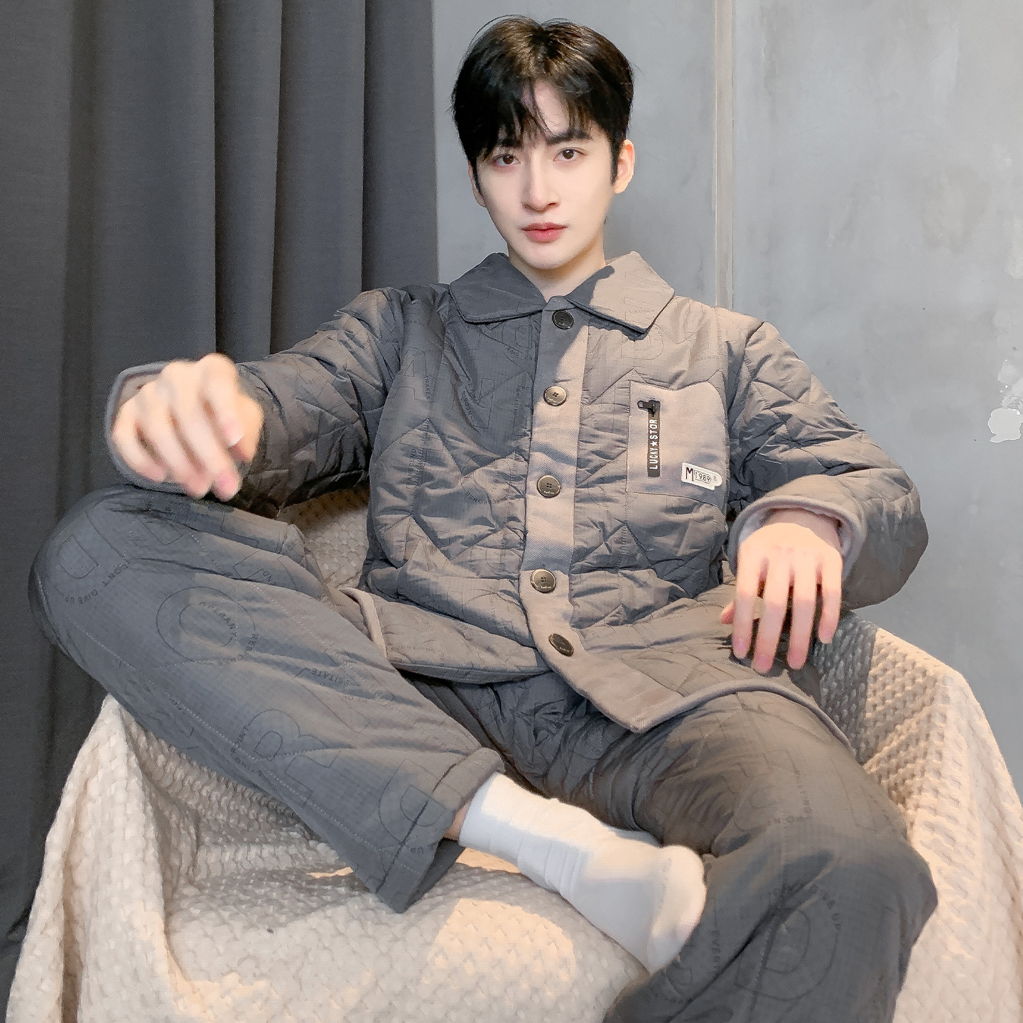 猫人冬季男士三层夹棉加厚羽绒睡衣2025新款大码棉袄家居服冬天