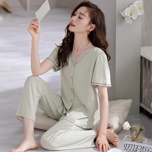 猫人夏季莫代尔短袖睡衣女带胸垫