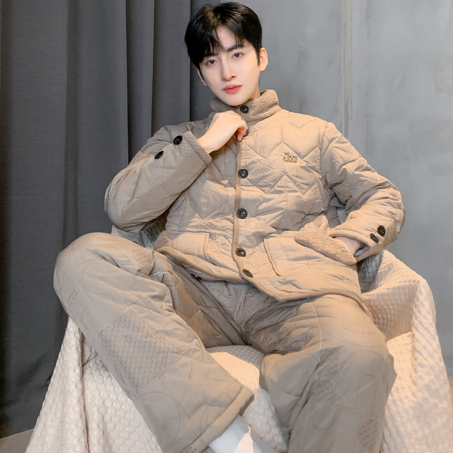 猫人羽绒夹棉男士睡衣冬季三层夹棉袄加绒保暖2025新款家居服套装