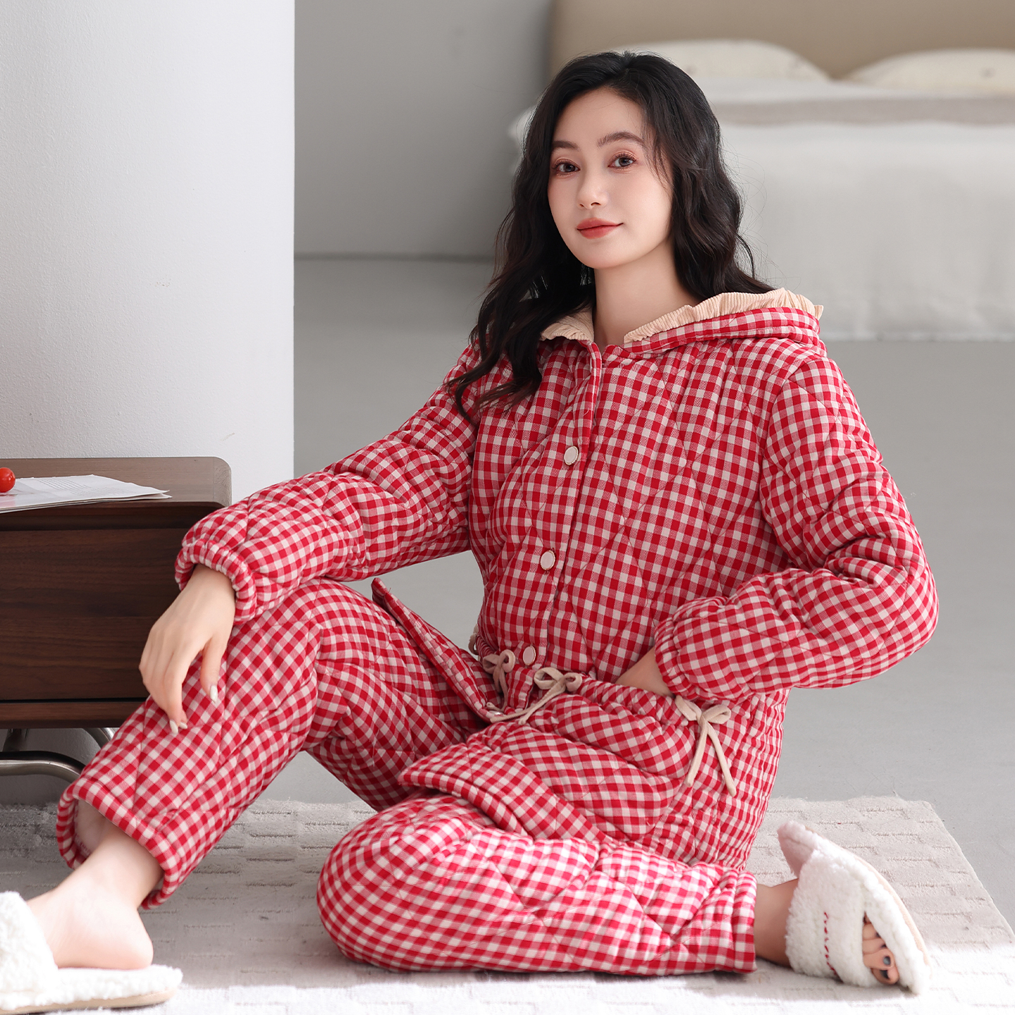 猫人纯棉睡衣女冬季三层加厚夹棉袄2025新款保暖连帽家居服可外穿