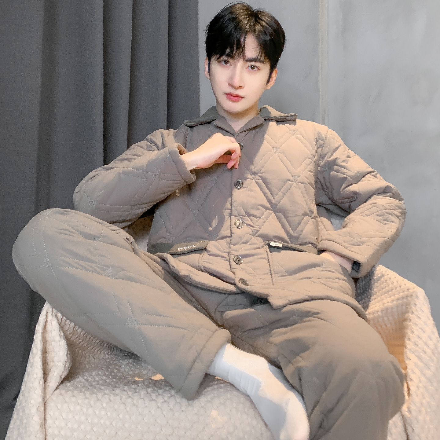 猫人男士睡衣冬季纯棉三层夹棉保暖加厚棉袄可外穿大码家居服套装