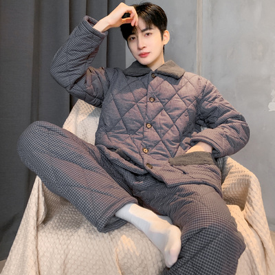 猫人纯棉三层夹棉睡衣男士冬季棉袄加厚保暖家居服高级感开衫套装