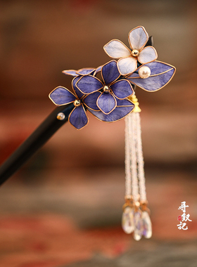 非遗绒花檀木U型发簪国风旗袍