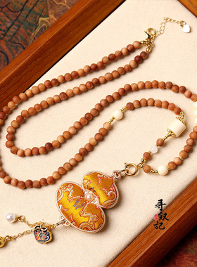 原创宋锦双面福禄吊坠老山檀木象牙白项链国风汉服气质旗袍配链