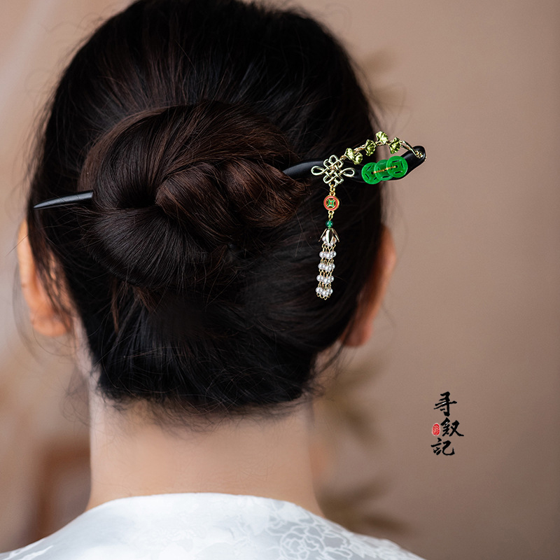 原创干青翡翠发簪古风黑檀木