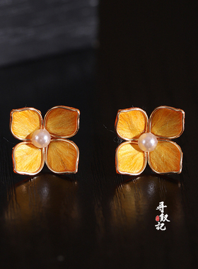 非遗绒花黄色四叶草新中式耳钉