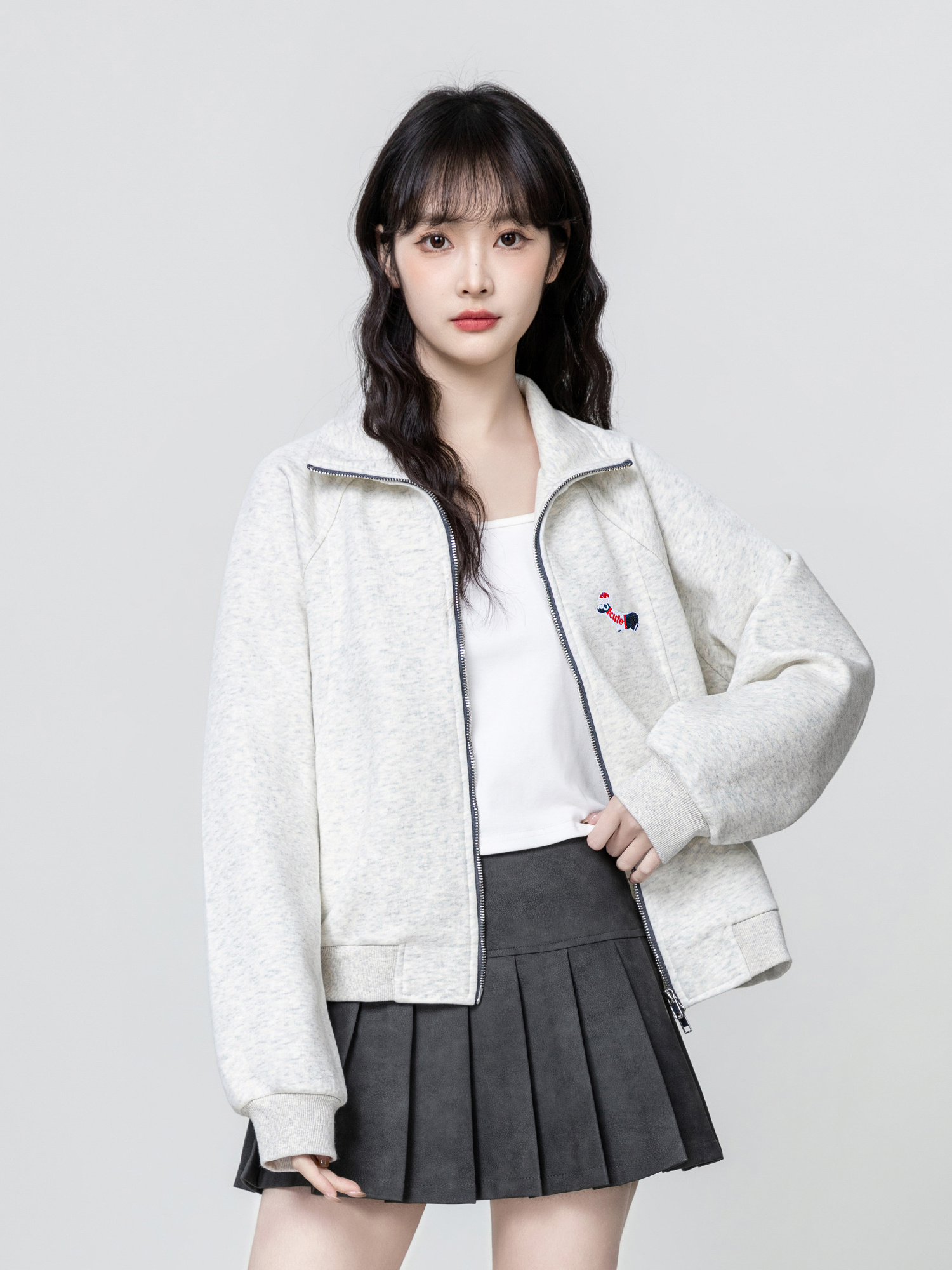灰色翻领卫衣外套女2025春秋新款设计感小狗刺绣双头拉炼开衫上衣