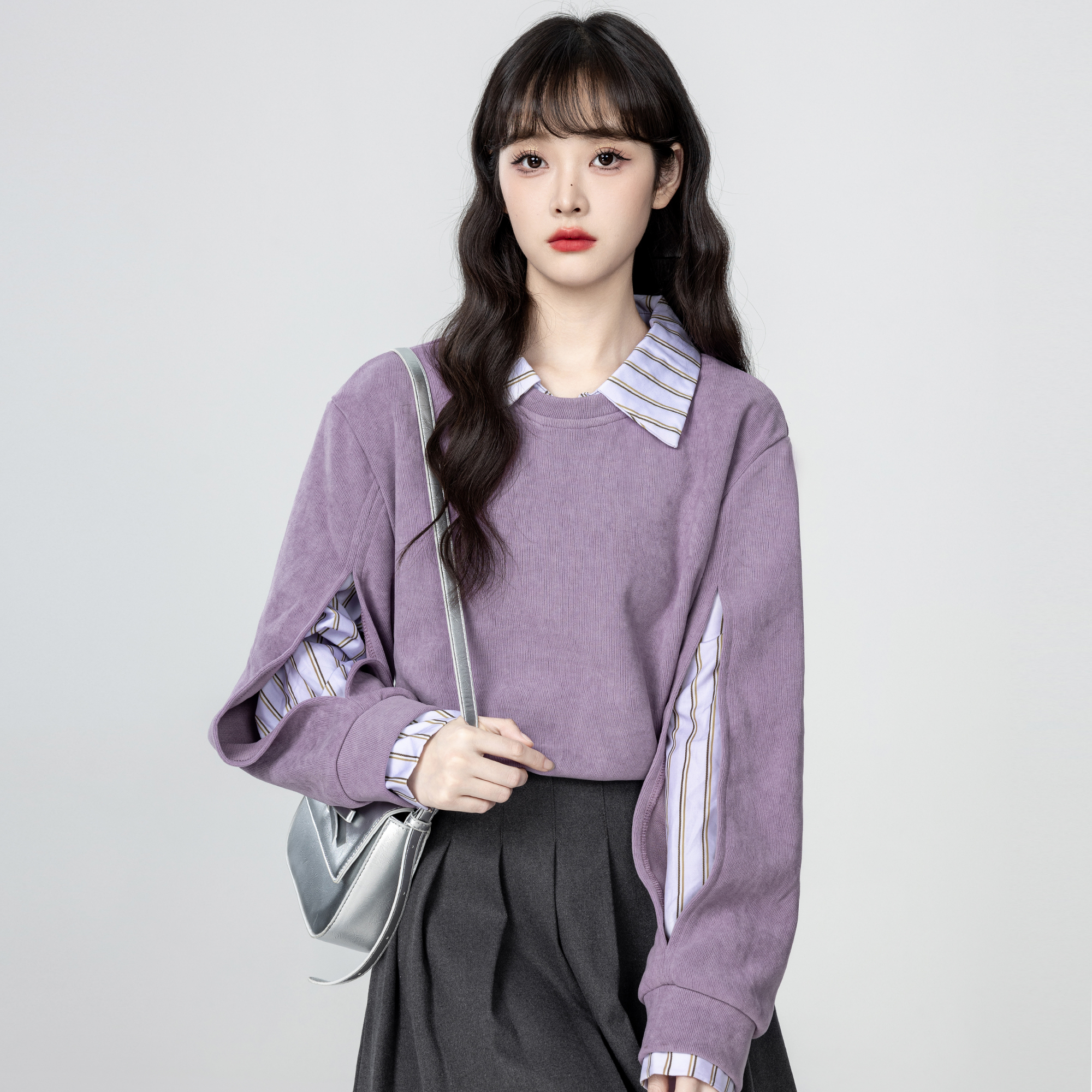 紫色POLO领卫衣女春秋2025秋季新款设计感假两件拼接衬衫套头上衣