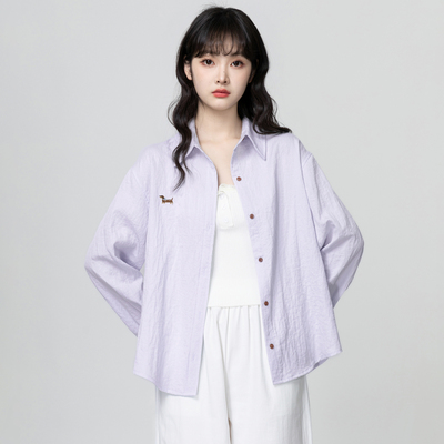 浅紫色长袖衬衫外套女春秋2025春季新款宽松休闲防晒衬衣外搭上衣