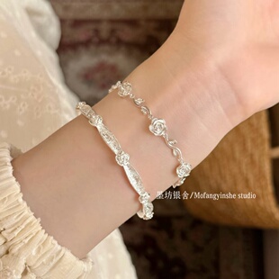 足银999新枝玫瑰手链纯白玫瑰花项链清新氛围感纯银锁骨链礼物