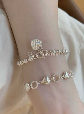 足银999纯银爱心手链叠戴麻花圈桃心手串小众简约高级感百搭礼物