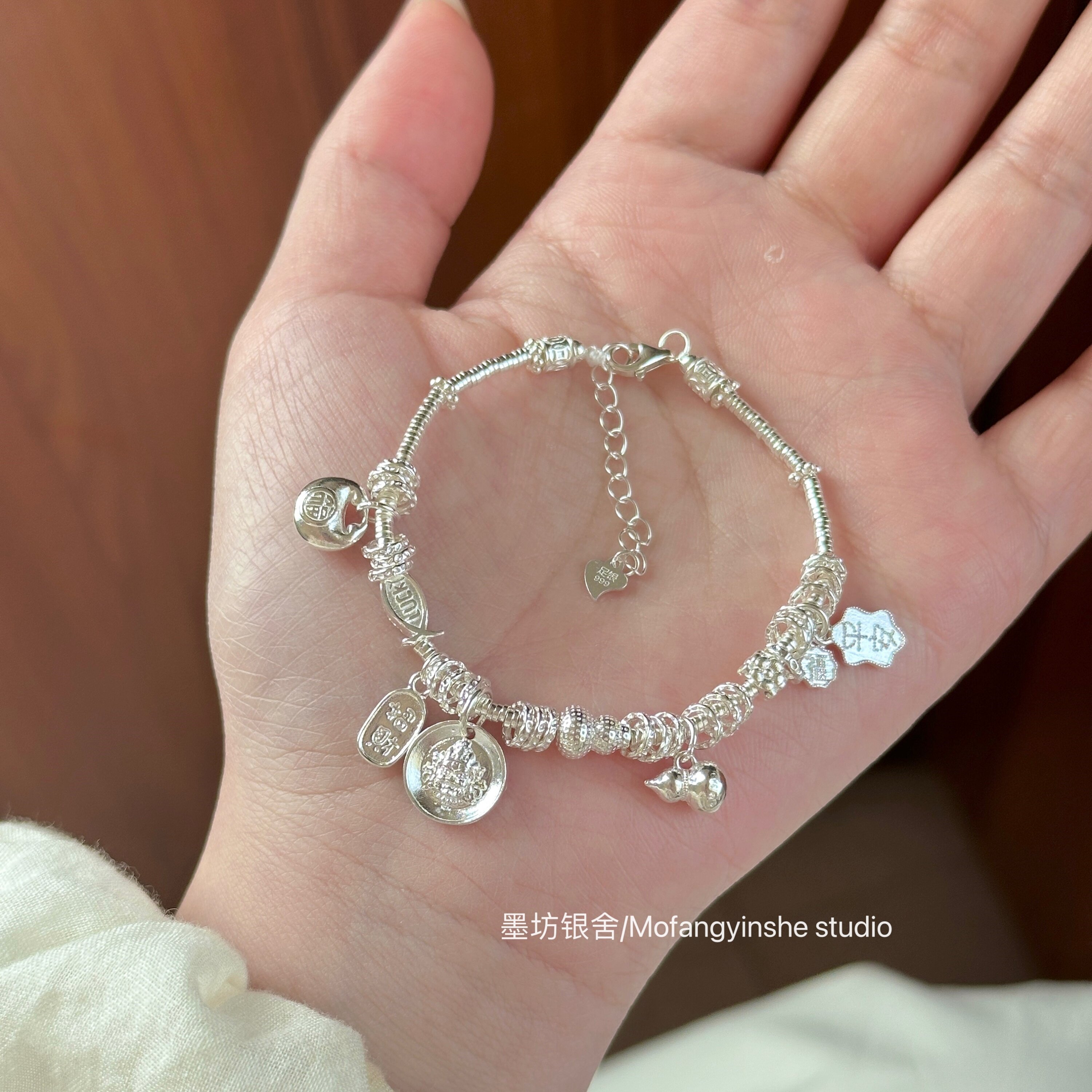 足银999平安招财黄财神盘缠手链新中式福袋葫芦手工纯银百搭手串