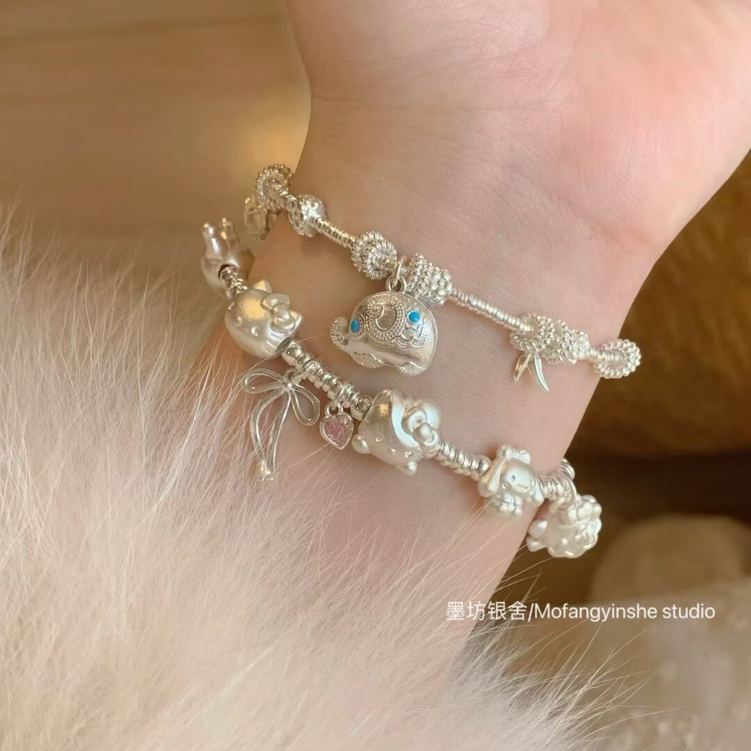 足银999Kitty三丽鸥盘缠手链可爱玉桂狗蝴蝶结珐琅吉象碎银手串