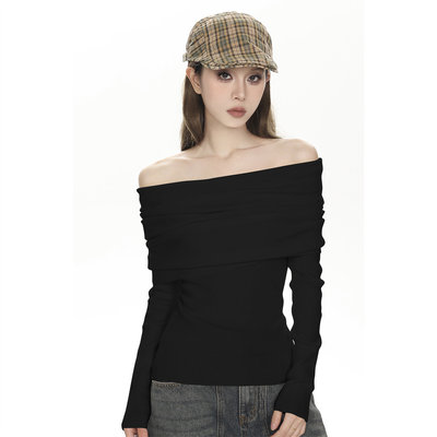 黑色露肩一字肩上衣针织