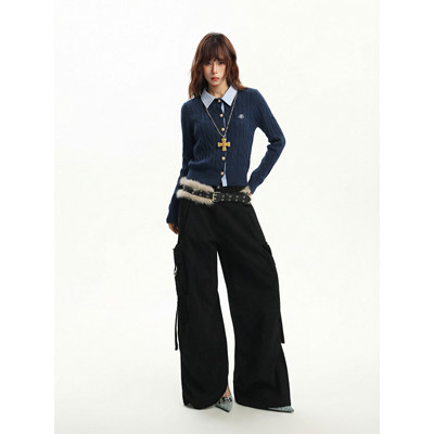 美式藏青色麻花polo领假