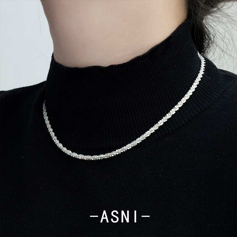 秋冬毛衣链925纯银项链波光粼粼女闪满天星锁骨链白金素链银裸链